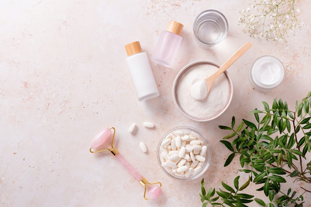Different types of collagen for skin care flat lay, copy space